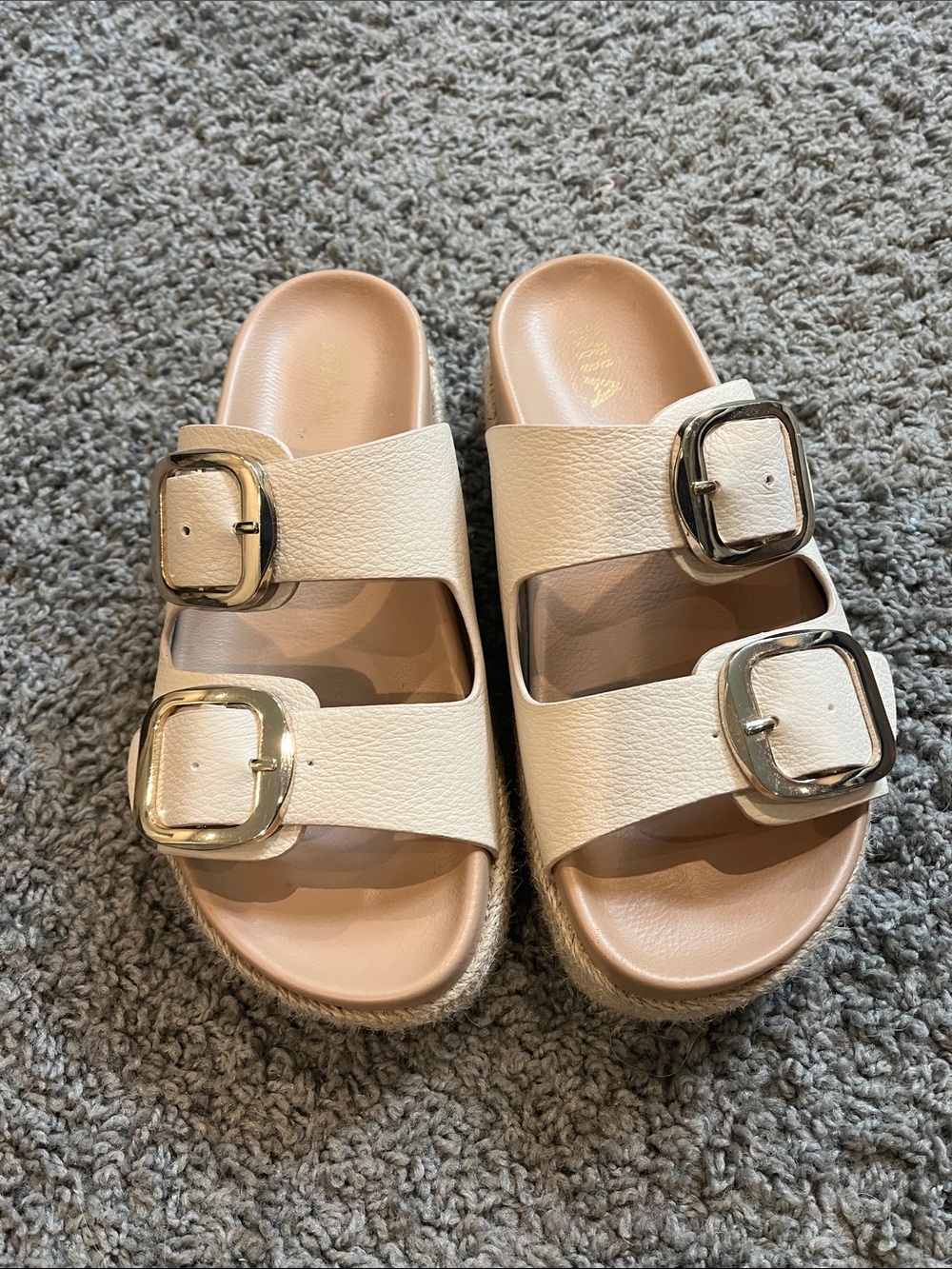 MIA Cream Double-Buckle Slide Platform Sandals with Gold Buckles